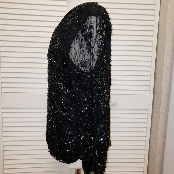 Vintage Black Beaded Silk V-Neck Evening Top - Picture 3 of 7